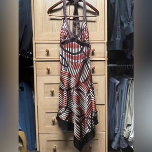 Coral and chocolate brown silky dress V-neck, halter, silk brown tie in neck.